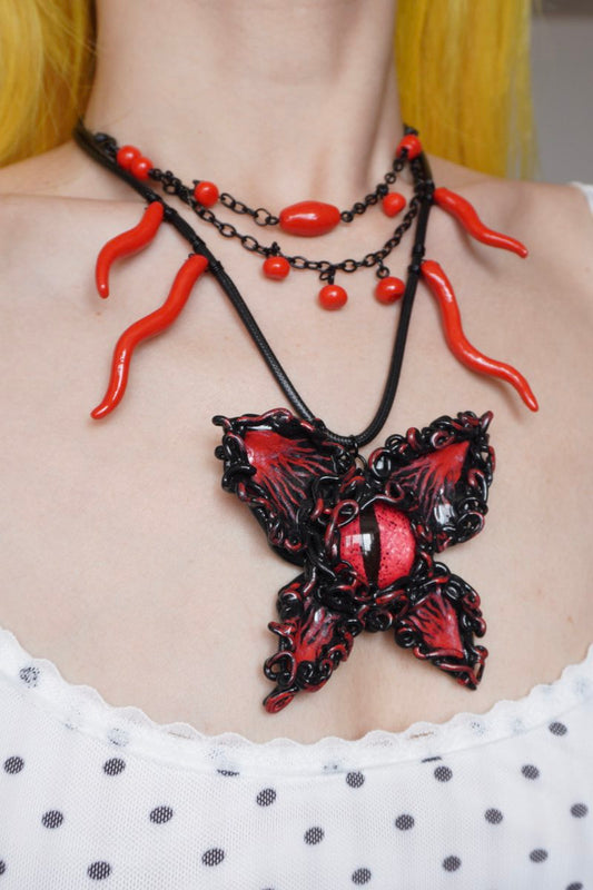 GP005 Handmade Dark Red Butterfly Multi-Layer Necklace Necklace (one -of-a-kind)