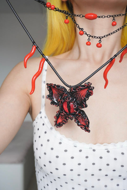 GP005 Handmade Dark Red Butterfly Multi-Layer Necklace Necklace (one -of-a-kind)
