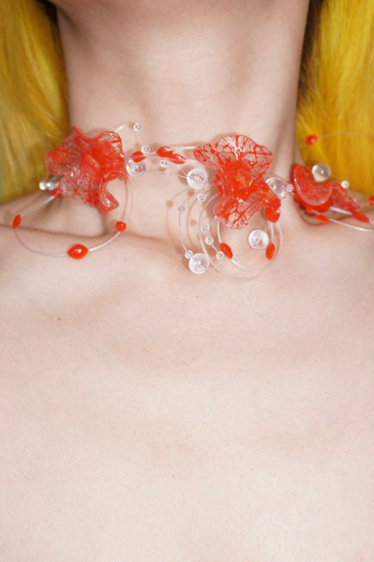GP006 Scarlet Flower Resin Multi-Layer Handmade Necklace  (one -of-a-kind)