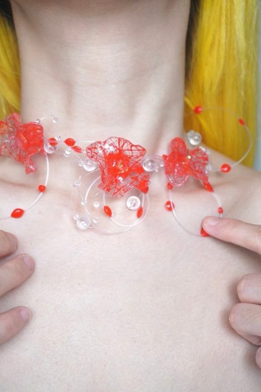 GP006 Scarlet Flower Resin Multi-Layer Handmade Necklace  (one -of-a-kind)