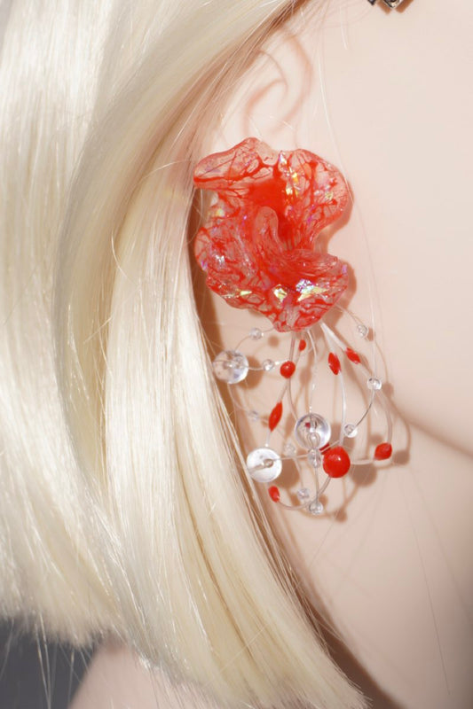GP007 Scarlet Flower Resin Multi-Layer Handmade Earrings  (one -of-a-kind)