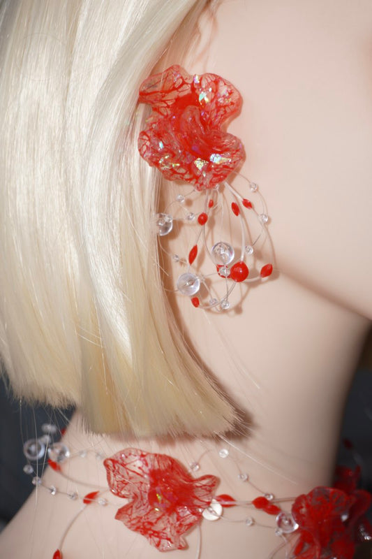 GP007 Scarlet Flower Resin Multi-Layer Handmade Earrings  (one -of-a-kind)