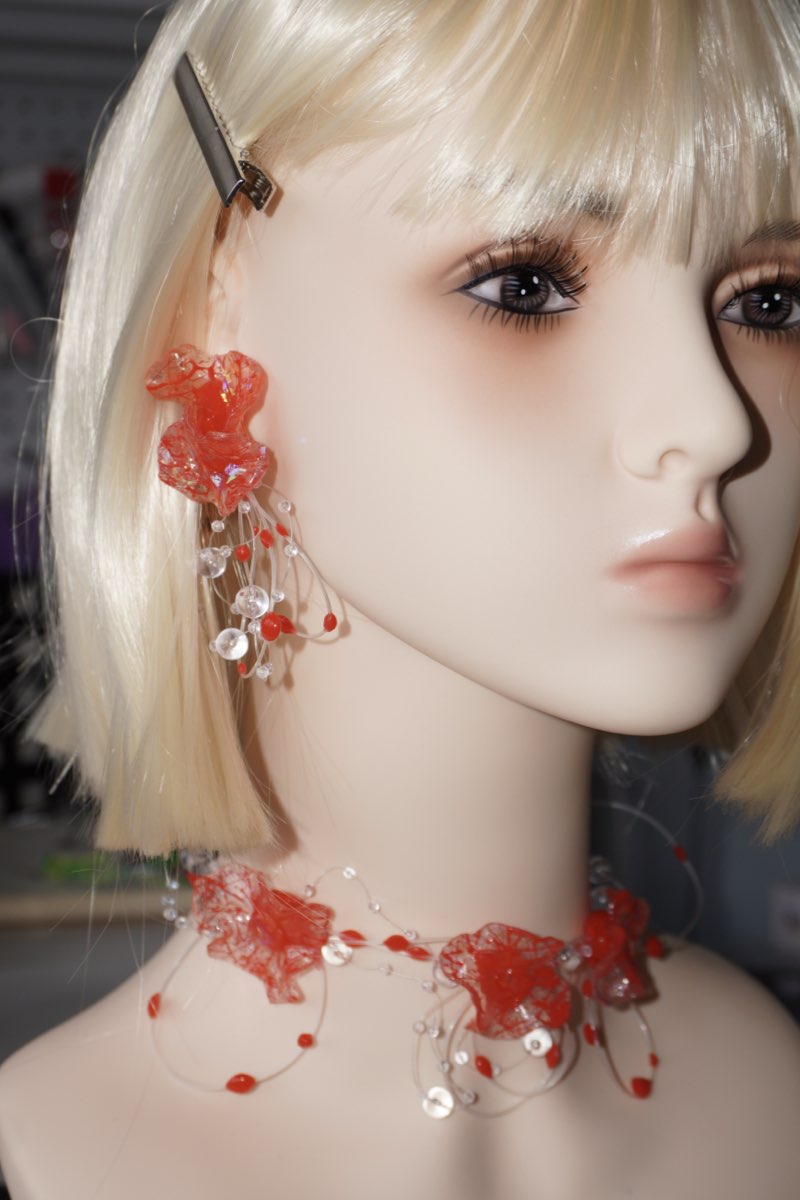 GP007 Scarlet Flower Resin Multi-Layer Handmade Earrings (one -of-a-kind)