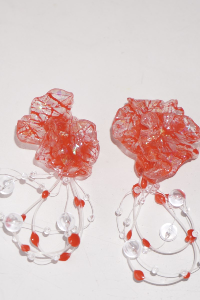 GP007 Scarlet Flower Resin Multi-Layer Handmade Earrings (one -of-a-kind)