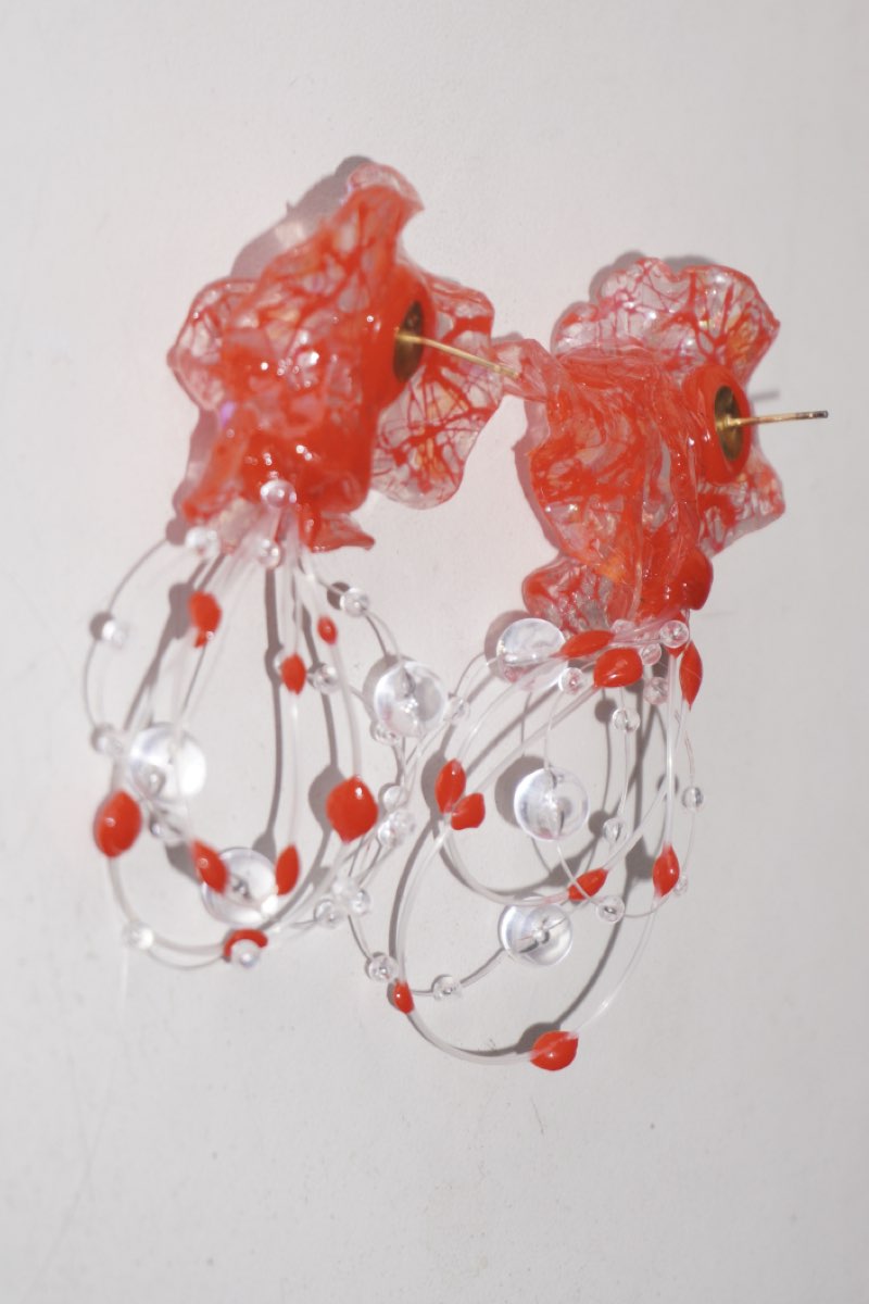 GP007 Scarlet Flower Resin Multi-Layer Handmade Earrings (one -of-a-kind)