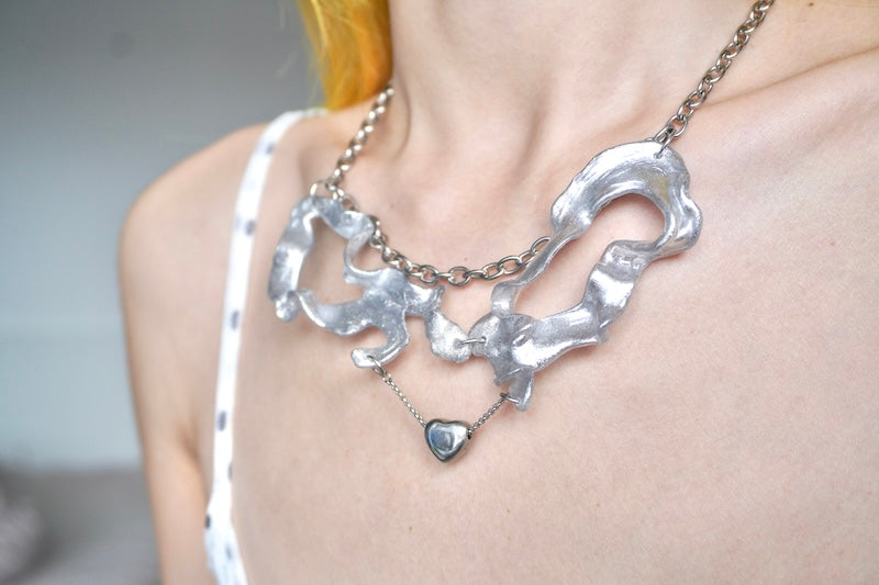 GP004 Silver Flow Irregular Resin Original Handmade Necklace (one -of-a-kind)