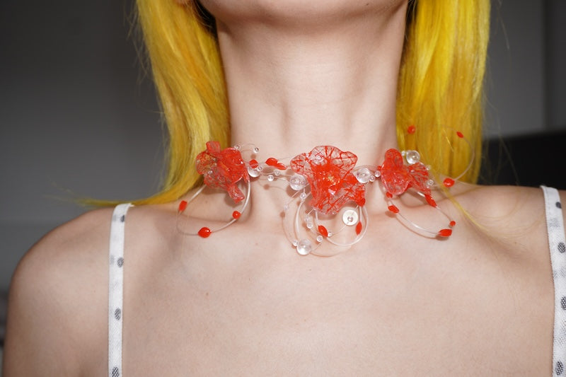 GP006 Scarlet Flower Resin Multi-Layer Handmade Necklace (one -of-a-kind)