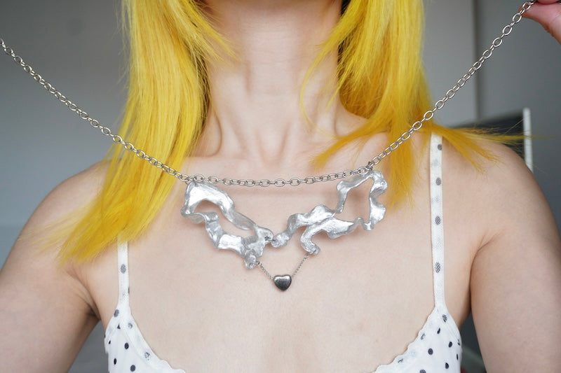 GP004 Silver Flow Irregular Resin Original Handmade Necklace (one -of-a-kind)