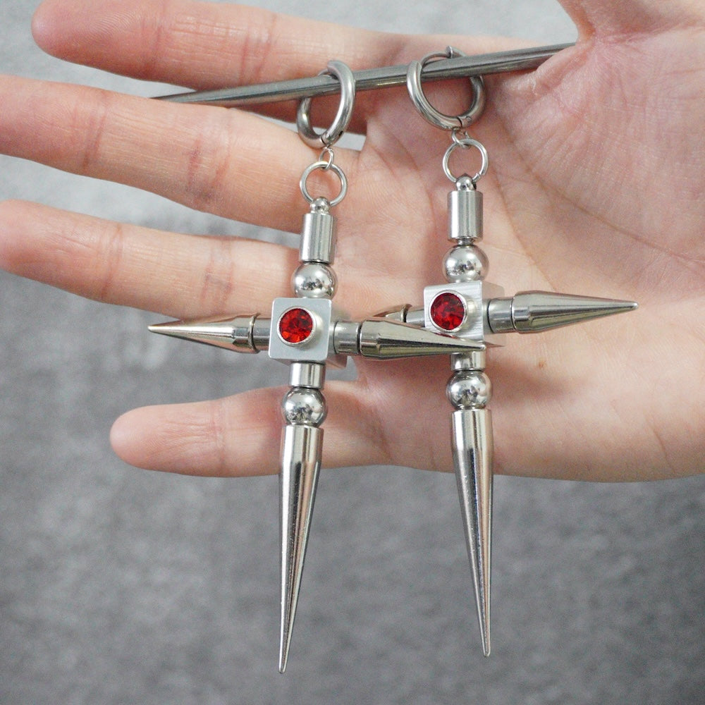 Red Crystal Spike Cross Earrings (Pair)| Earrings to Necklace Conversion with Chain