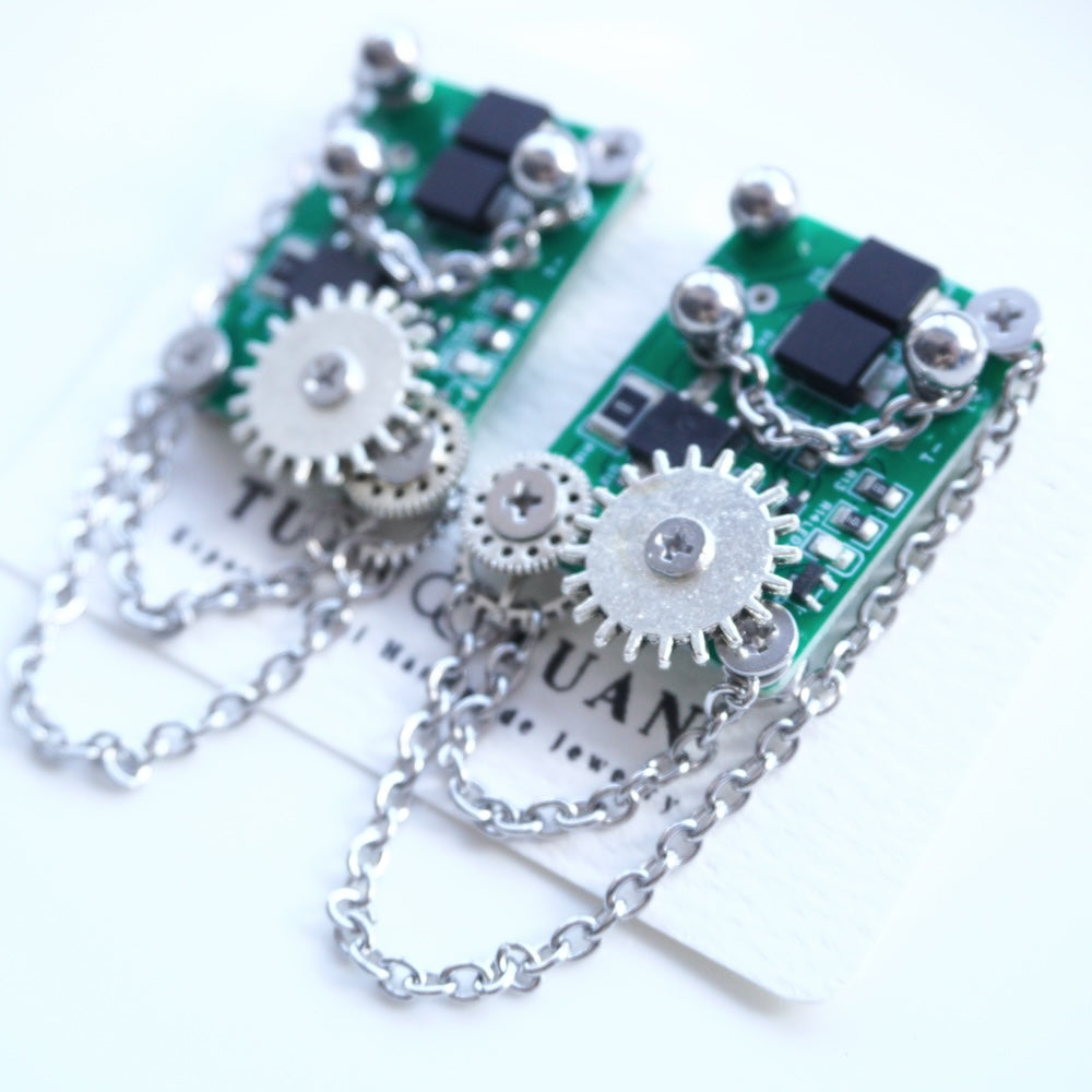 DZE004 Cyberpunk Gear Tassel Circuit Board Earrings (Stainless Steel Studs)