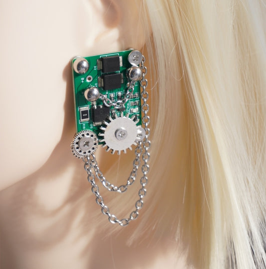 DZE004 Cyberpunk Gear Tassel Circuit Board Earrings (Stainless Steel Studs)