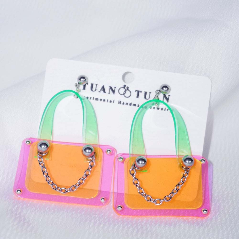 Neon Pink & Orange Bag Earrings – Cute Handmade Kawaii Handmade Jewelry One-of-a-Kind