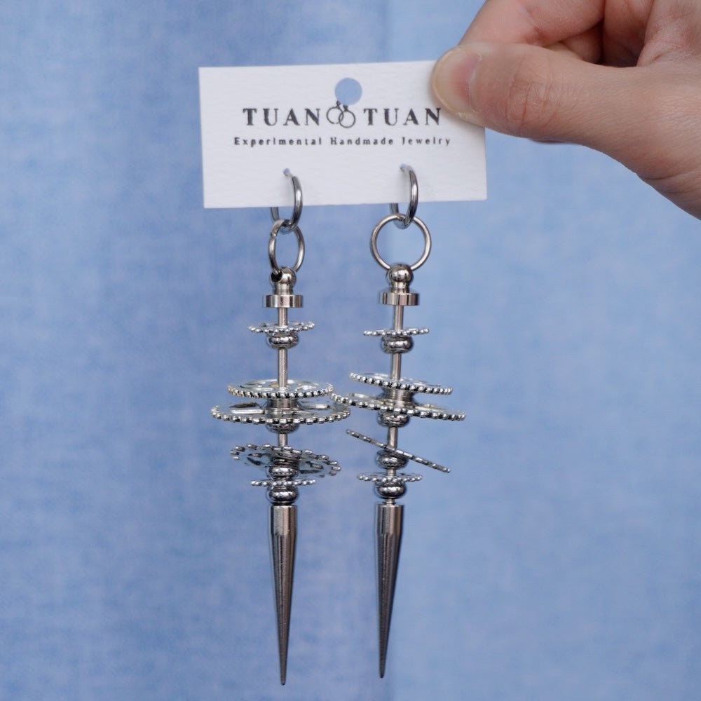 Industrial Gear Dangle Earrings – Silver Spike Statement Earrings - futuristic jewelry - TUAN TUAN