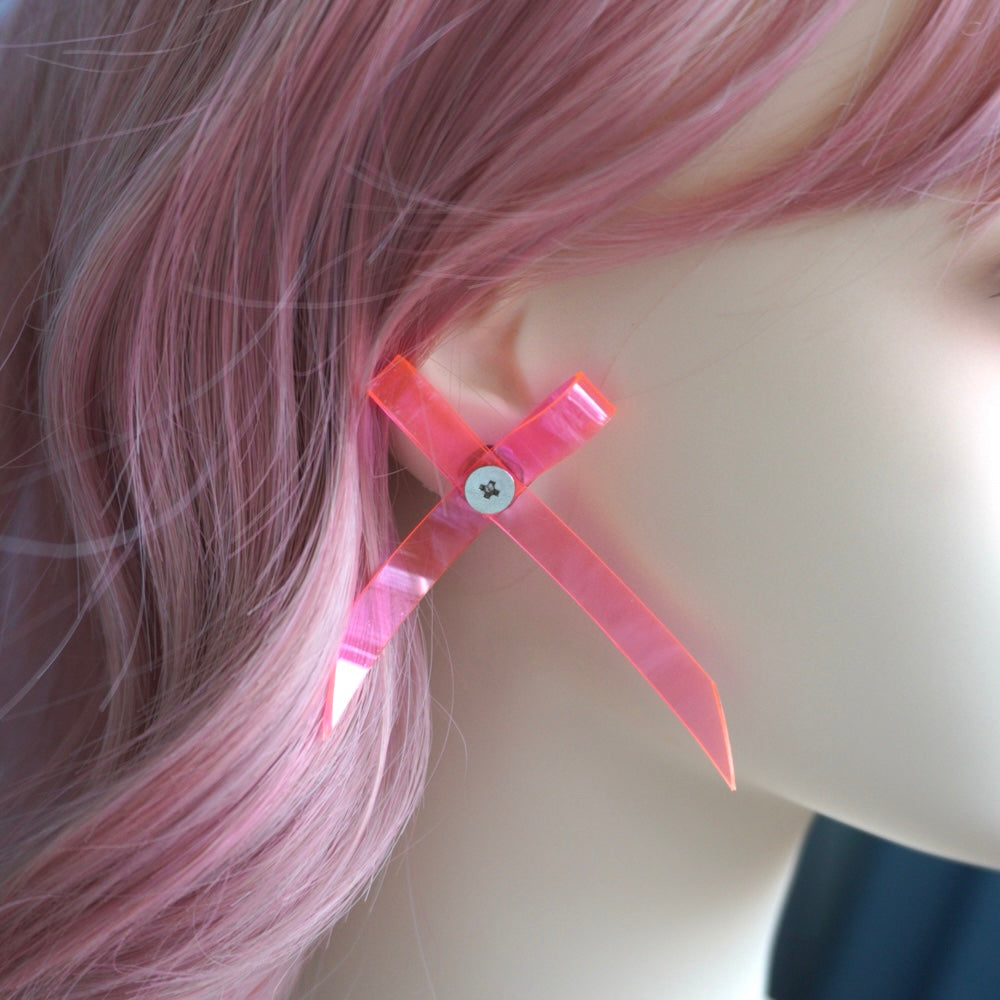 Neon Pink Bow Earrings – Cute Fluorescent Kawaii Handcrafted Jewelry