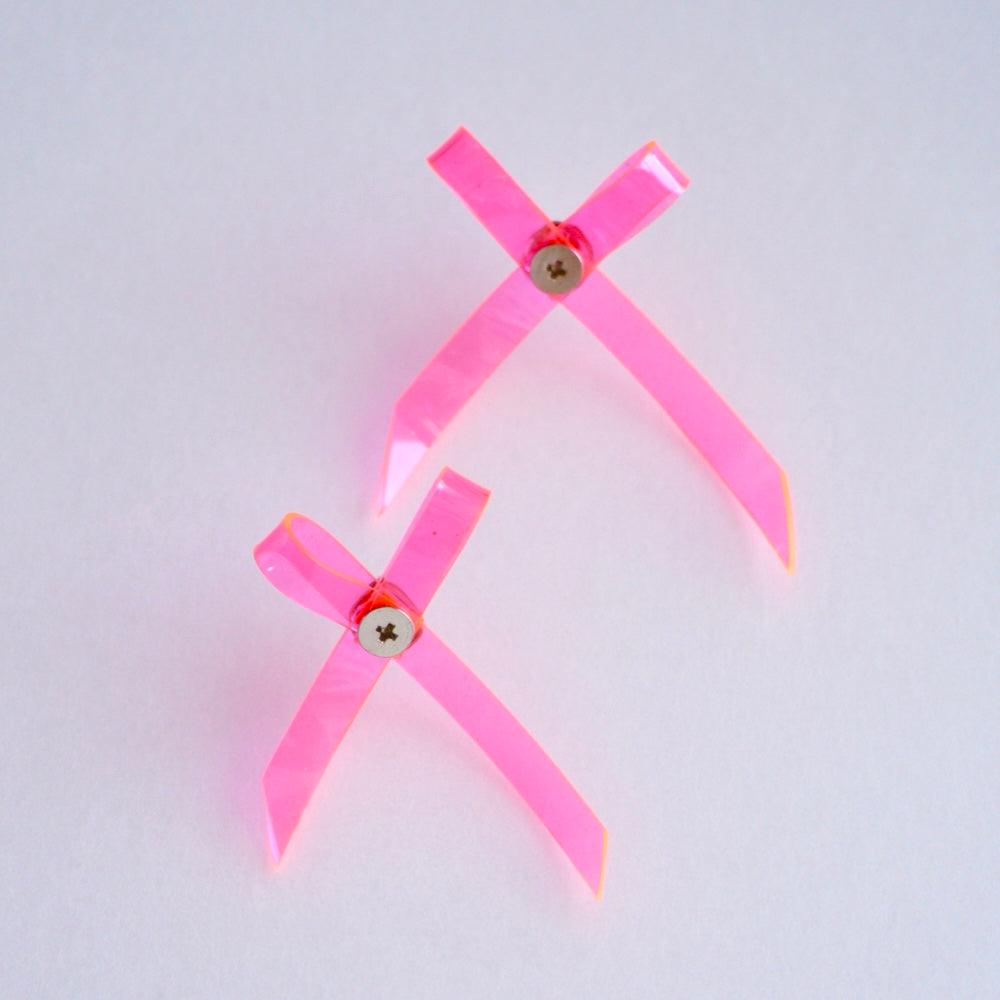 Neon Pink Bow Earrings – Cute Fluorescent Kawaii Handcrafted Jewelry