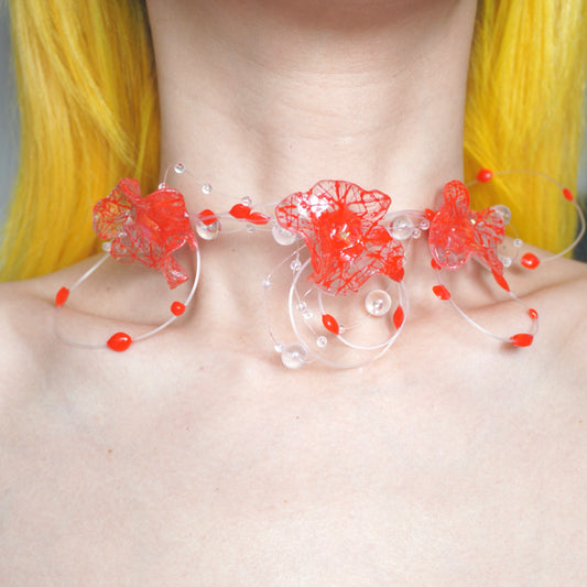 GP006 Scarlet Flower Resin Multi-Layer Handmade Necklace  (one -of-a-kind)