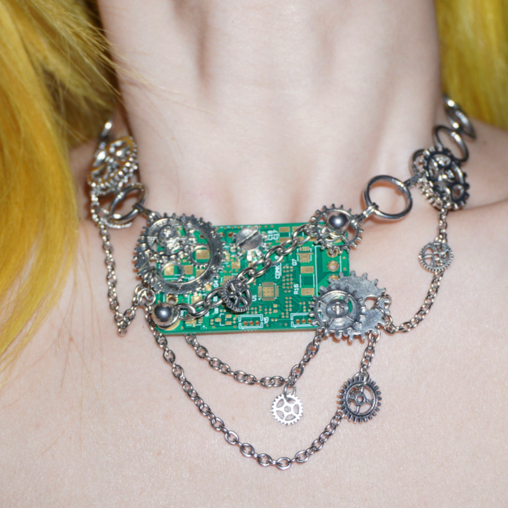 GP008 Gear Chain Circuit Board Multi-Layer Chain Design Handmade Necklace (one -of-a-kind)