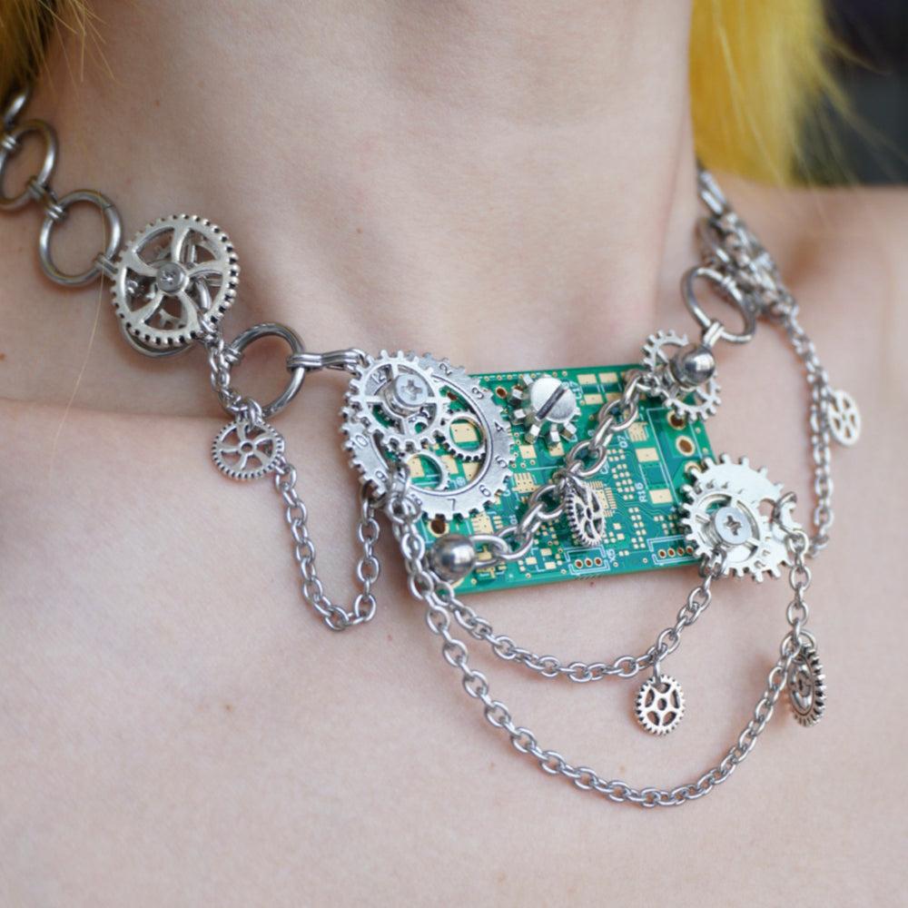 GP008 Gear Chain Circuit Board Multi-Layer Chain Design Handmade Necklace (one -of-a-kind)