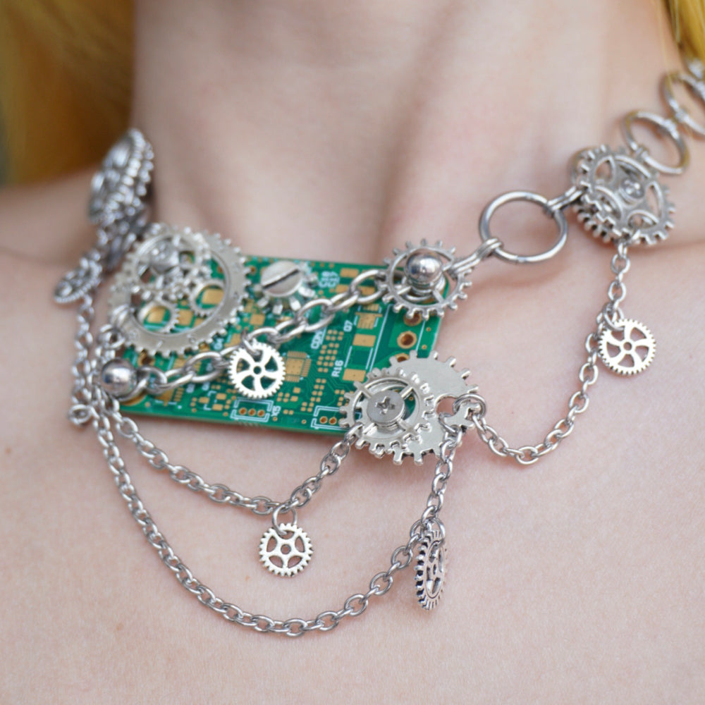 GP008 Gear Chain Circuit Board Multi-Layer Chain Design Handmade Necklace (one -of-a-kind)