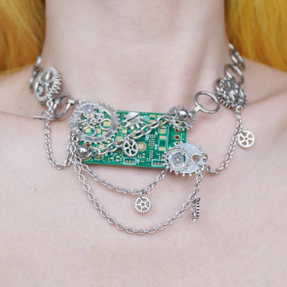 GP008 Gear Chain Circuit Board Multi-Layer Chain Design Handmade Necklace (one -of-a-kind)