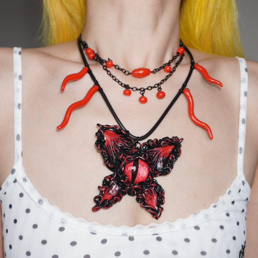 GP005 Handmade Dark Red Butterfly Multi-Layer Necklace Necklace (one -of-a-kind)
