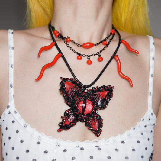 GP005 Handmade Dark Red Butterfly Multi-Layer Necklace Necklace (one -of-a-kind)