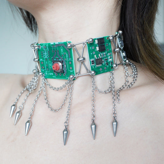 Futuristic Cyberpunk Circuit Necklace—Handcrafted Tech-Inspired Neckpiece with Circuit Board Tassels