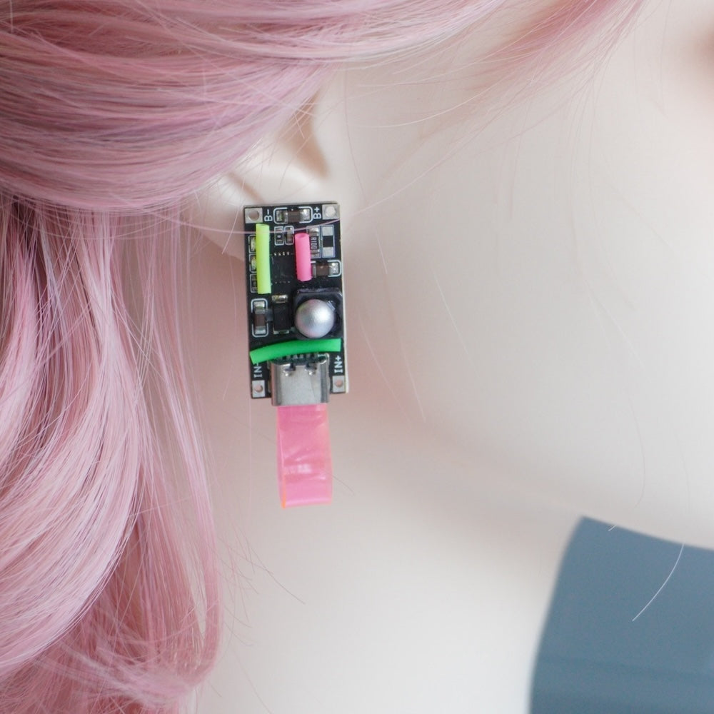 Futuristic Cyberpunk Neon-Pink Electronic Component Stud Earrings — Handcrafted Jewelry