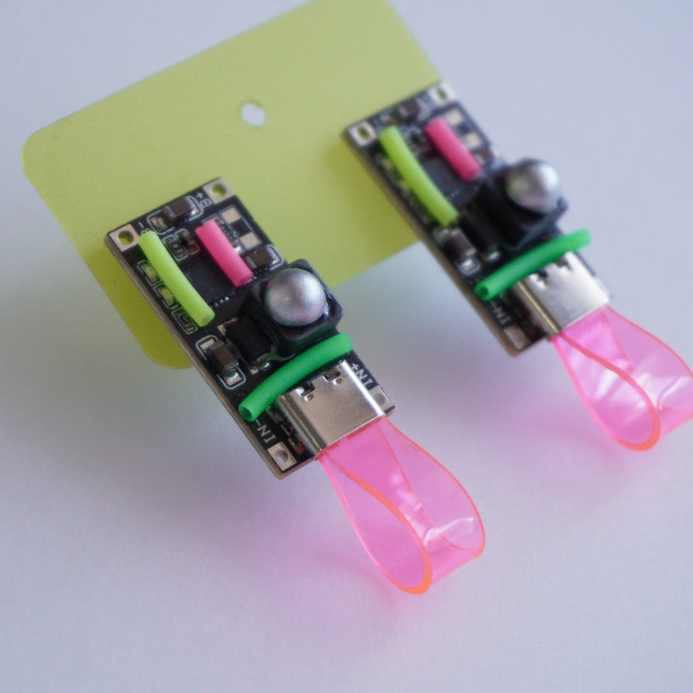 Futuristic Cyberpunk Neon-Pink Electronic Component Stud Earrings — Handcrafted Jewelry