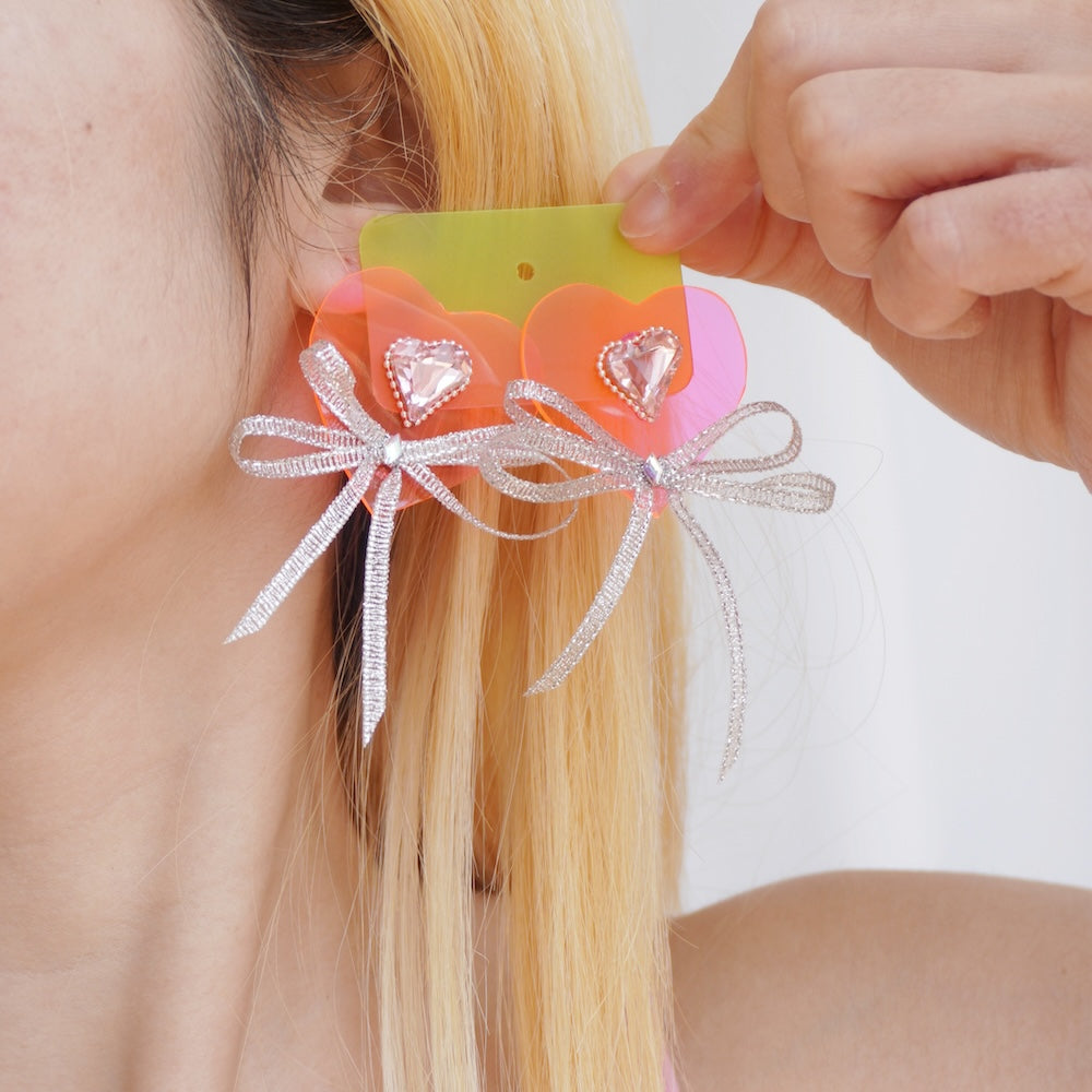 Neon Pink Heart Bow Earrings – One-of-a-Kind Handmade Cute Jewelry
