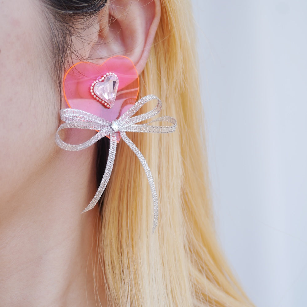 Neon Pink Heart Bow Earrings – One-of-a-Kind Handmade Cute Jewelry