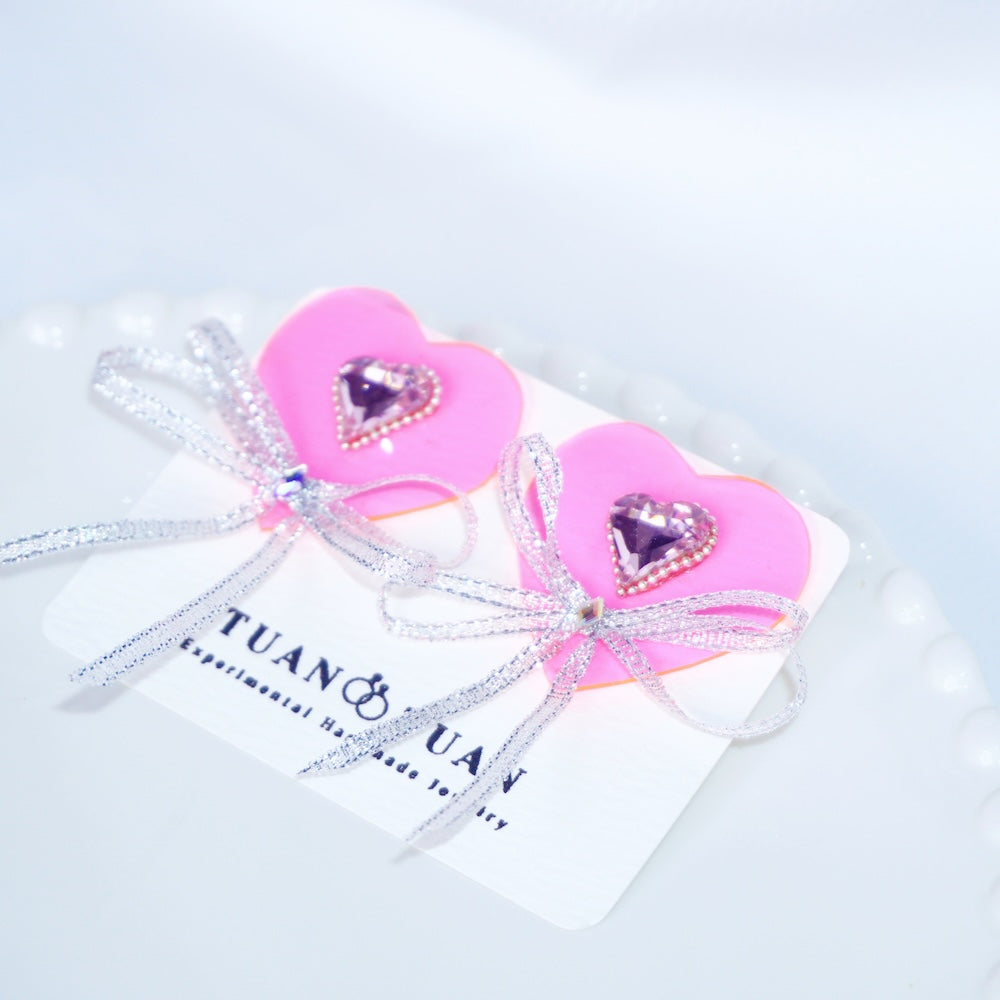 Neon Pink Heart Bow Earrings – One-of-a-Kind Handmade Cute Jewelry