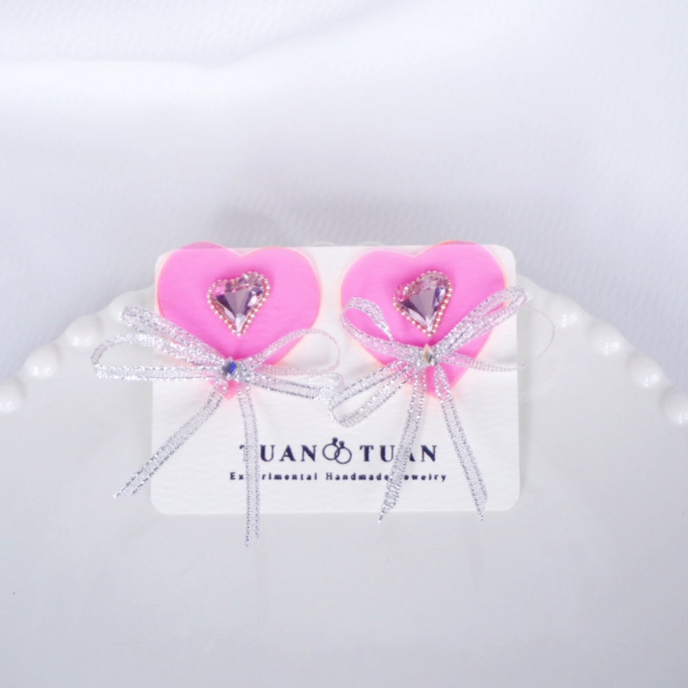Neon Pink Heart Bow Earrings – One-of-a-Kind Handmade Cute Jewelry