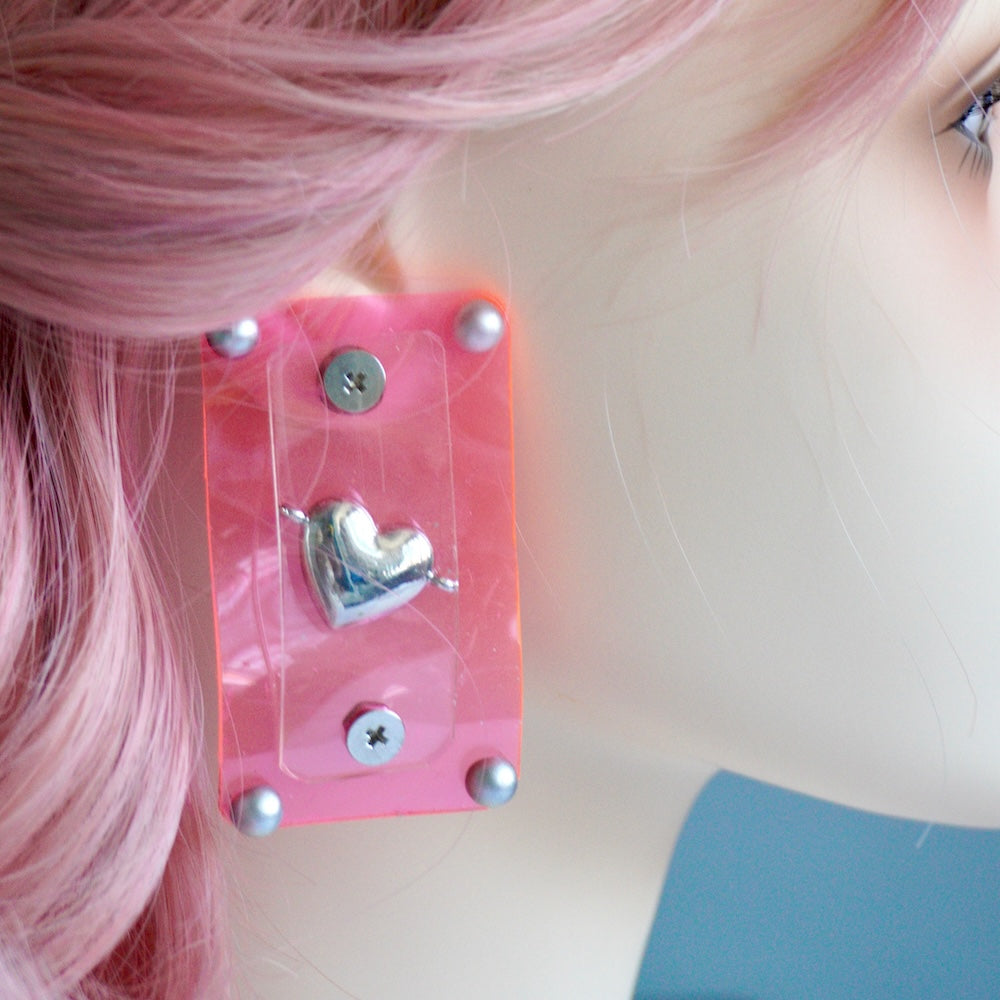 Fluorescent Pink Heart Handmade Statement Earrings – Unique One-of-a-Kind