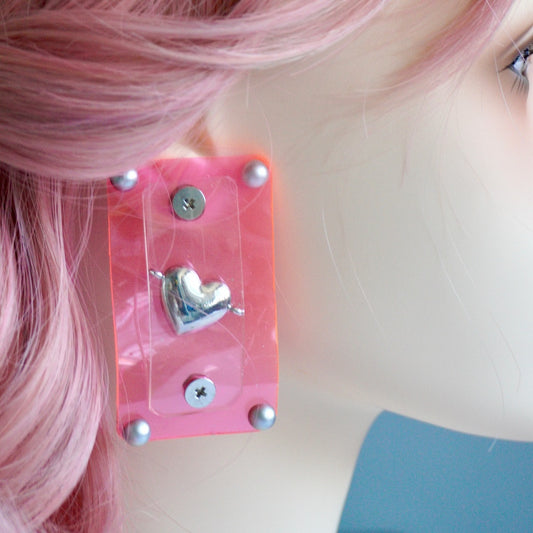 Fluorescent Pink Heart Handmade Statement Earrings – Unique One-of-a-Kind