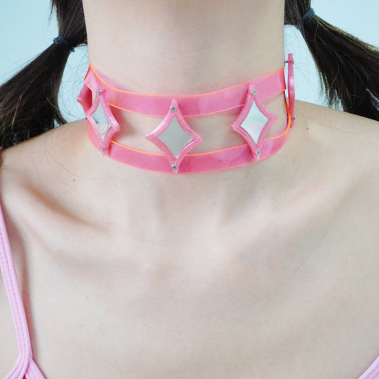 Futuristic Cyberpunk Mirrored Choker — Handcrafted Neon Necklace