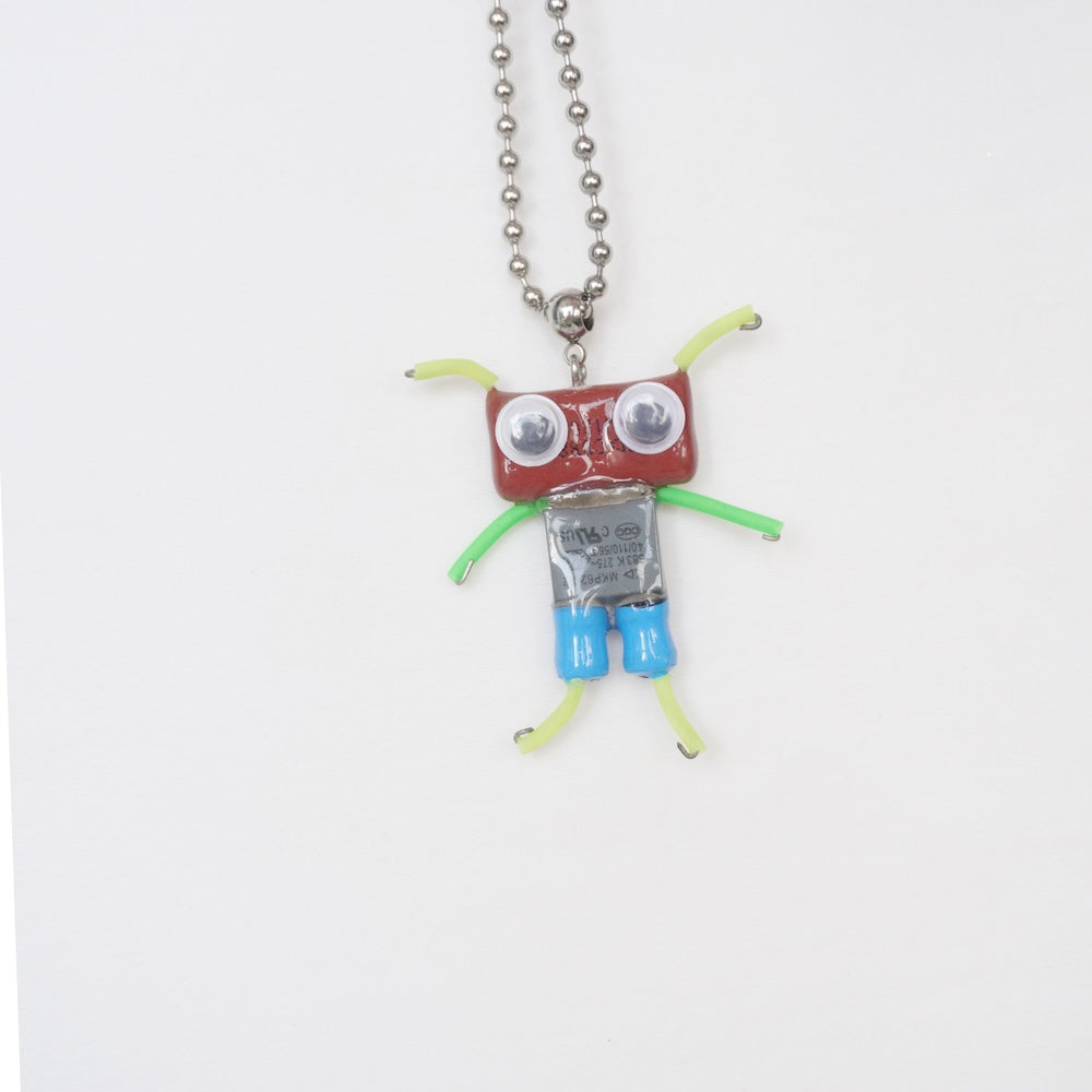 Futuristic Recycled Electronic Figurine Necklace – Handmade Long Chain