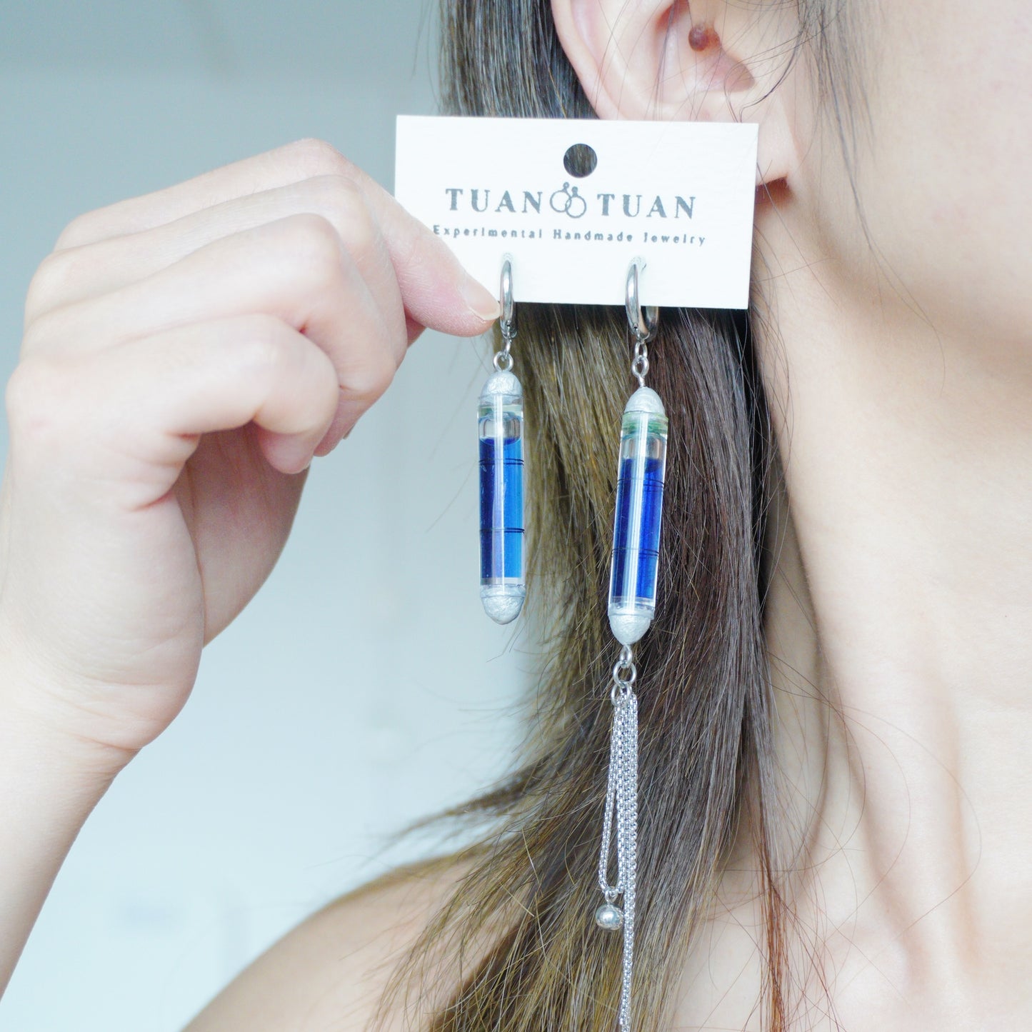 Handmade Bubble Level Chain Tassel Earrings — One-of-a-Kind