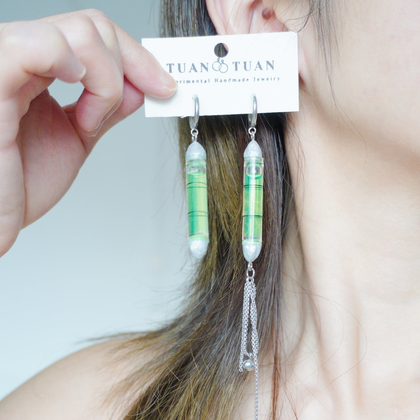 Handmade Bubble Level Chain Tassel Earrings — One-of-a-Kind