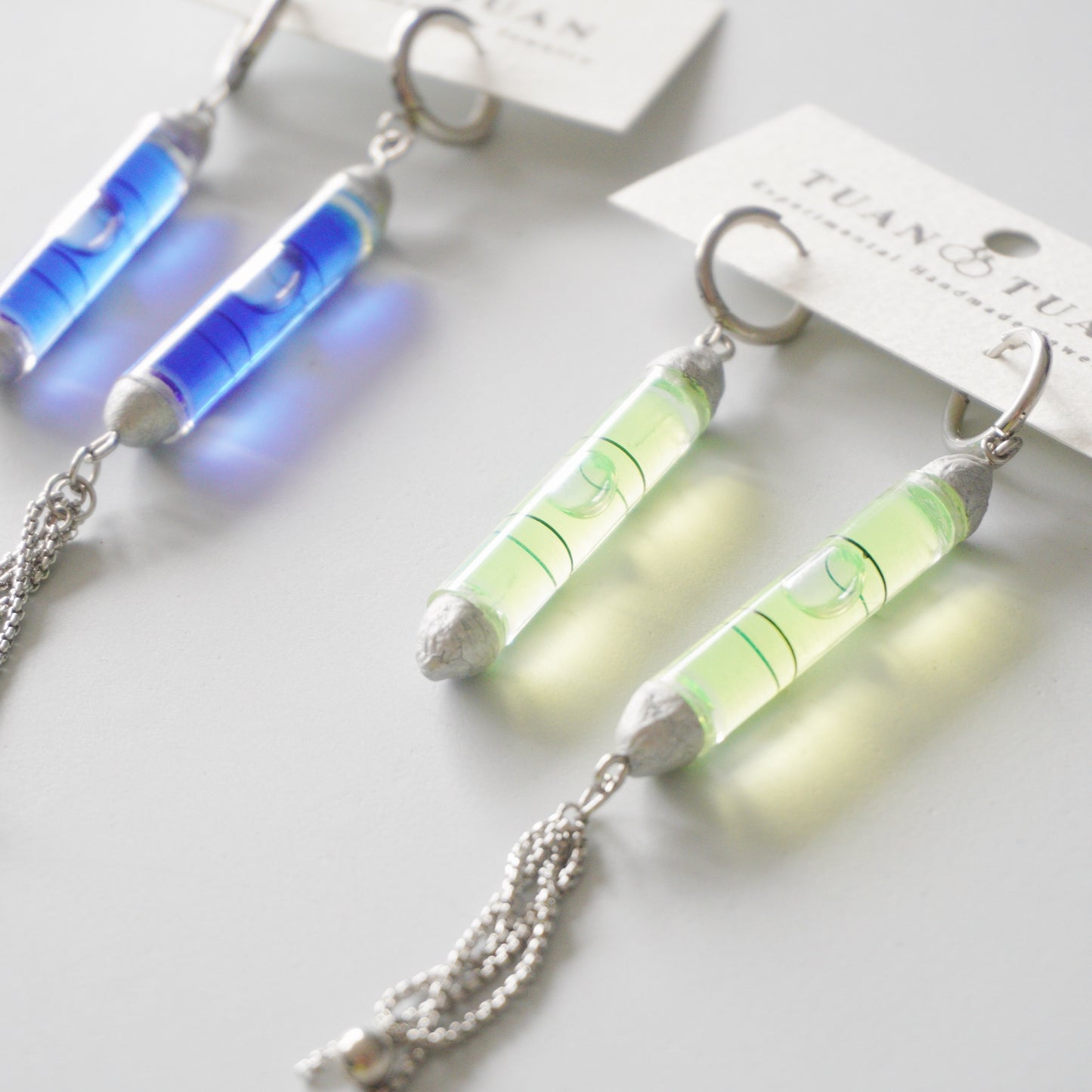 Handmade Bubble Level Chain Tassel Earrings — One-of-a-Kind