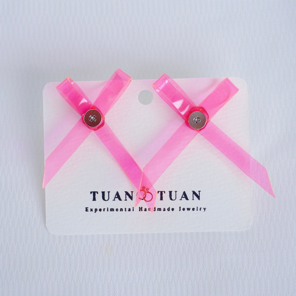 Neon Pink Bow Earrings – Cute Fluorescent Kawaii Handcrafted Jewelry