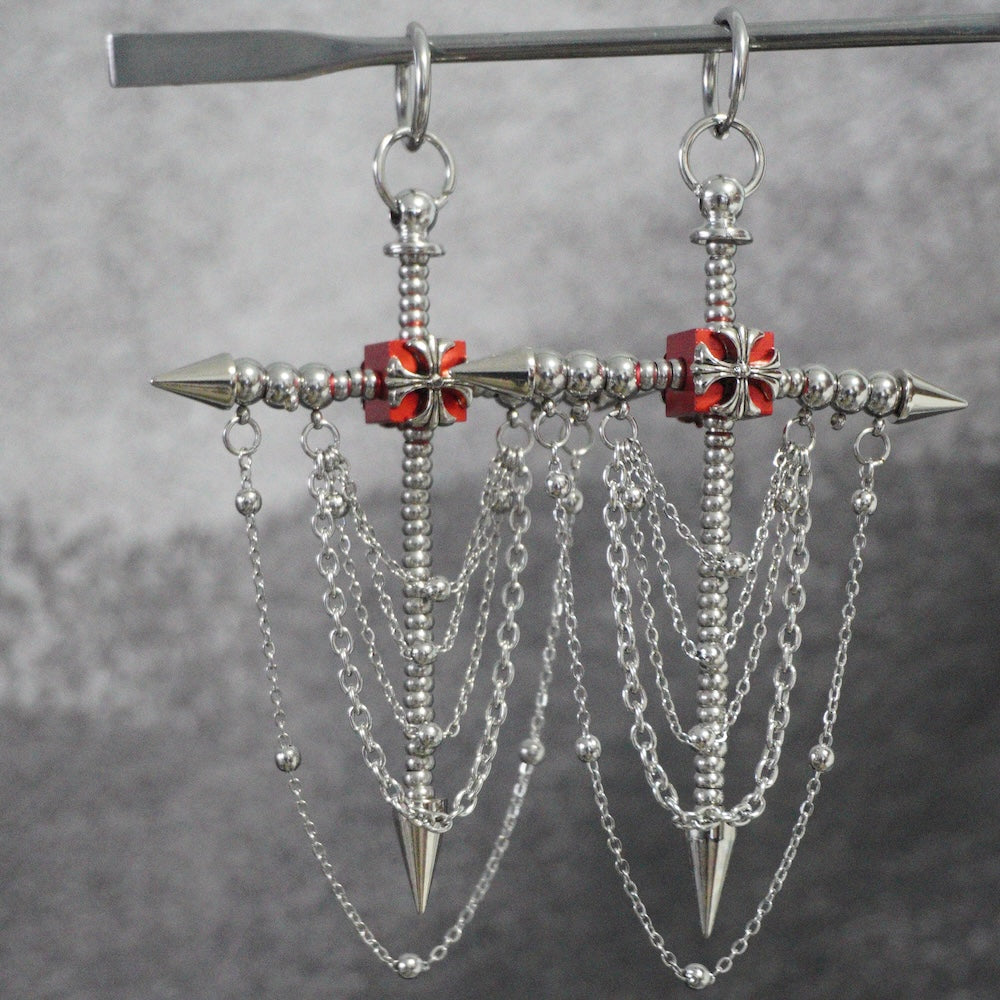 Gothic Spike Cross Earrings (Pair)| Chain Tassel Convertible Necklace