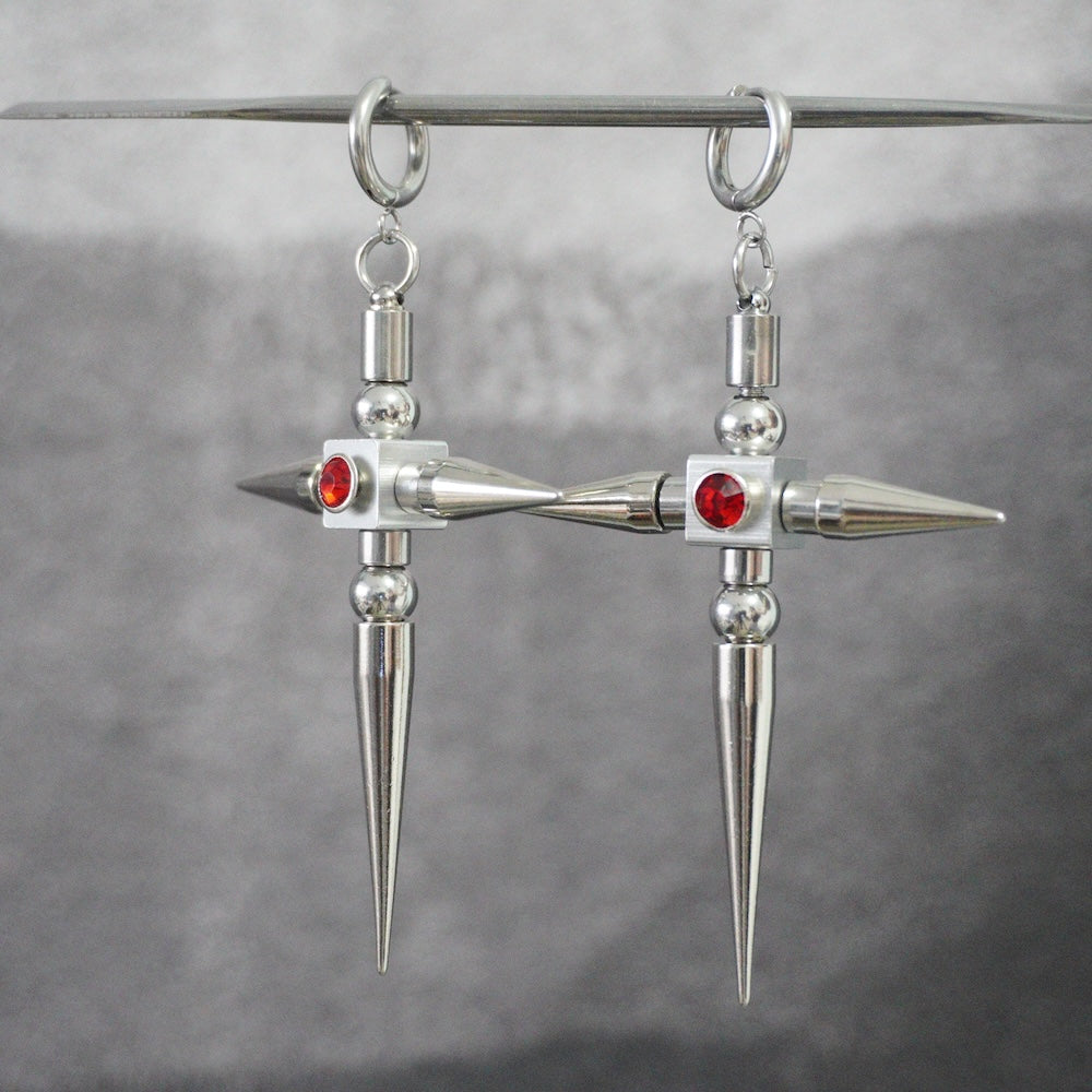 Red Crystal Spike Cross Earrings (Pair)| Earrings to Necklace Conversion with Chain
