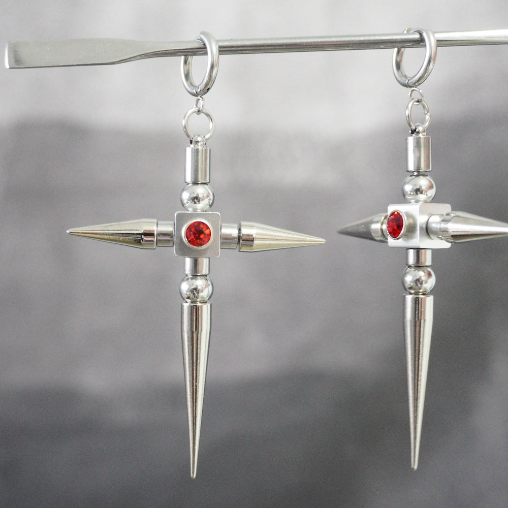 Red Crystal Spike Cross Earrings (Pair)| Earrings to Necklace Conversion with Chain