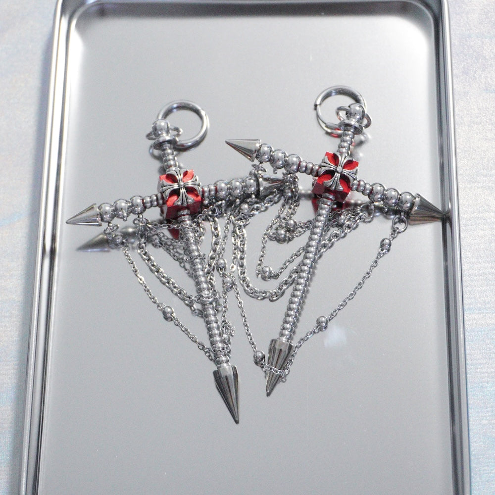 Gothic Spike Cross Earrings (Pair)| Chain Tassel Convertible Necklace