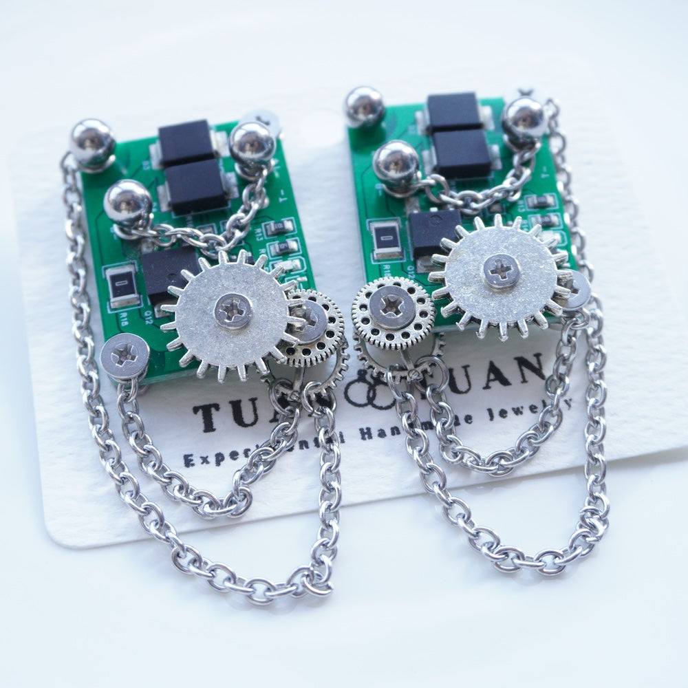 DZE004 Cyberpunk Gear Tassel Circuit Board Earrings (Stainless Steel Studs)