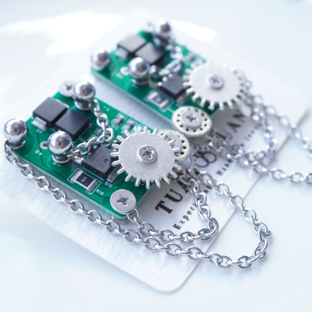 DZE004 Cyberpunk Gear Tassel Circuit Board Earrings (Stainless Steel Studs)