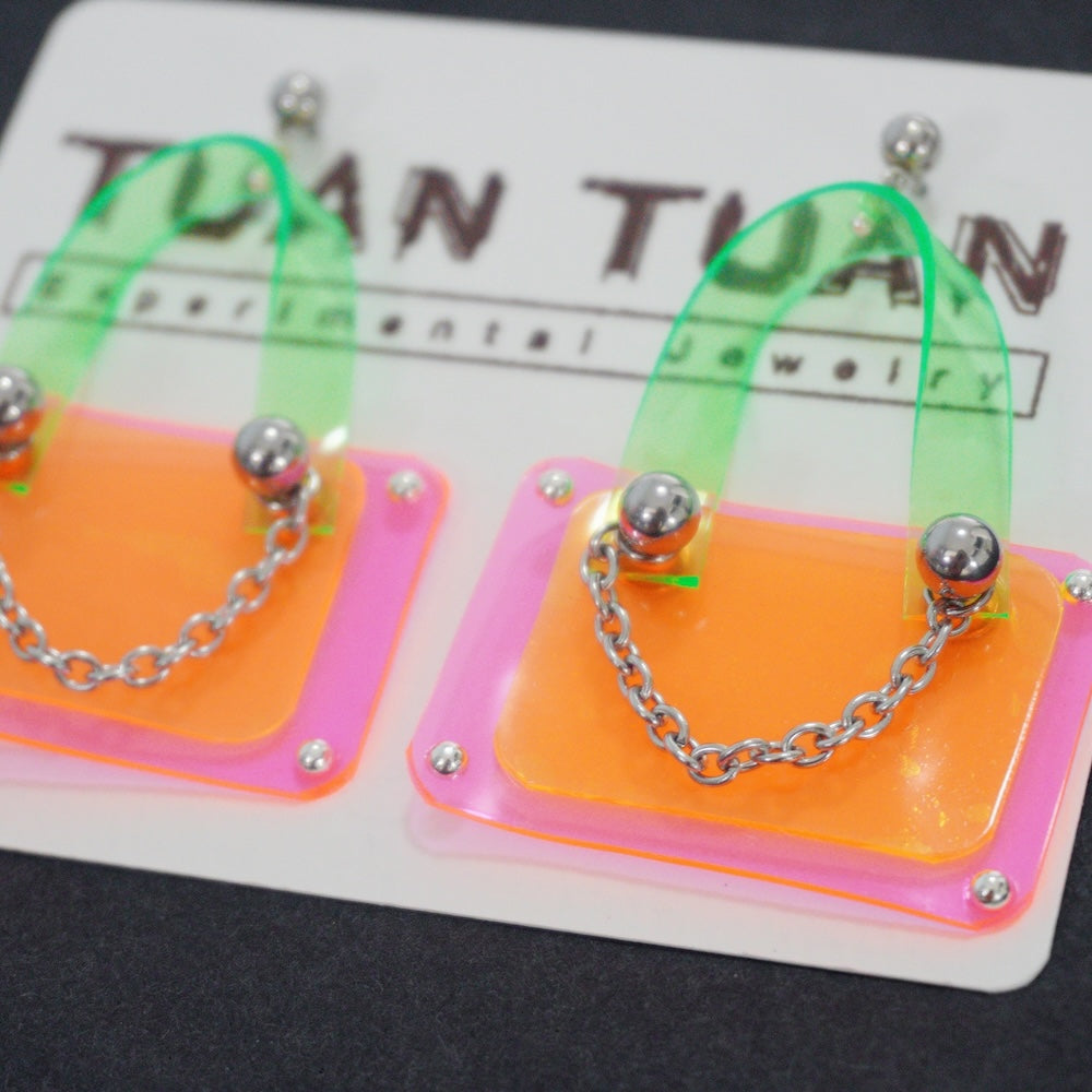 Neon Pink & Orange Bag Earrings – Cute Handmade Kawaii Handmade Jewelry One-of-a-Kind