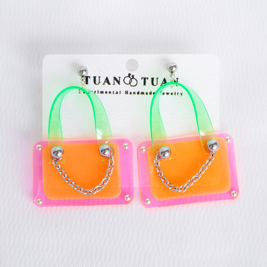 Neon Pink & Orange Bag Earrings – Cute Handmade Kawaii Handmade Jewelry One-of-a-Kind