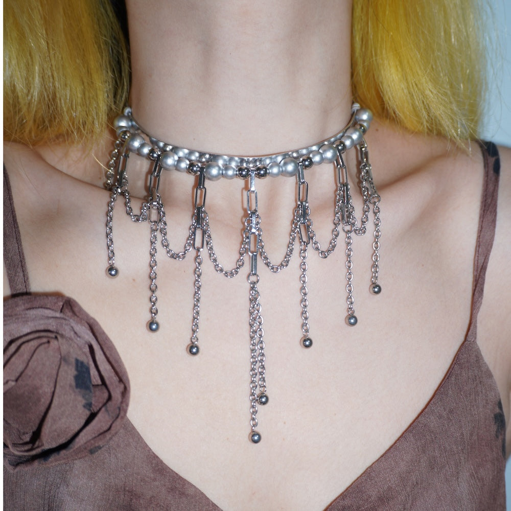 YY004 Silver Aluminum Wire  Multi-Tier Fringe Collar